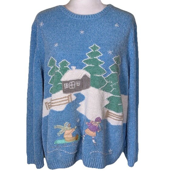 Vintage Women’s Winter Scene Cabin Snow Trees Sledding Ugly Christmas Sweater 2X - Picture 1 of 7